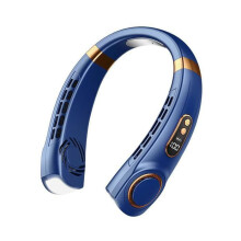 Ventilateur de cou portable rechargeable, 5 vitesses, lumière LED multicolore, affichage LED, 4000 mAh, bleu, mode mains libres