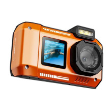 Wasserdichte Digitalkamera IP68, 65 MP, 4K-Video, Dual-Screen, 18-facher Zoom, 2000-mAh-Akku, Orange