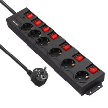 Stekkerdoos met 6 aansluitingen, 2 USB-poorten, 2 meter kabel, 3680W 16A, individuele schakelaars, zwart