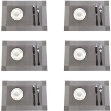 Set van 6 PVC geweven vinyl placemats, wasbaar, hittebestendig en antislip, grijszilveren eettafelmatten voor restaurants en H