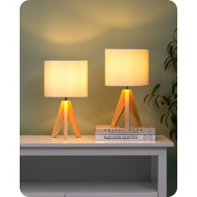 Set aus 2 Tischlampen aus Holz mit weißem Leinenschirm, Vintage-Dreibein-Nachttischlampe, inklusive E27-Leuchtmittel
