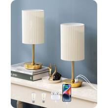 2er-Set Touch-Tischlampen mit USB-A- und USB-C-Anschluss, dimmbarem Leuchtmittel inklusive, plissiertem Lampenschirm, Weiß】