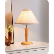 Vintage-Tischleuchte mit Holzfuß und Leinenschirm, inklusive E27 4W 2700K LED-Leuchtmittel, 34 cm hoch