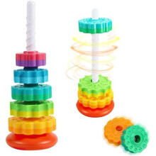 Stapelspielzeug für Kleinkinder, Regenbogenpyramidenturm mit drehbaren Zahnrädern, bunte Ringe zum Stapeln