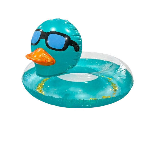 (Blue) Sequined Inflatable Duck Donut Swim Float for Beach Pool Party