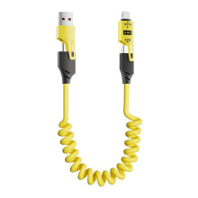 Cable de datos retráctil con resorte cuatro en uno, carga súper rápida de 65 W, compatible con Android, Apple y Huawei.