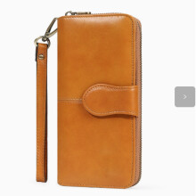 Cartera de mujer de piel auténtica con protección RFID, múltiples compartimentos y gran capacidad, con correa de muñeca desmontable.