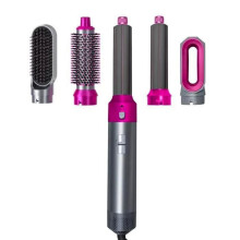 Secador de pelo multifunción 5 en 1 de aire caliente de 1000 W, alisador, rizador automático, varios accesorios, gris y morado.