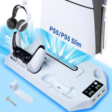 Soporte con ventilador para PS5 y PS5 Slim, indicador LED de carga para dos mandos y 3 puertos USB.