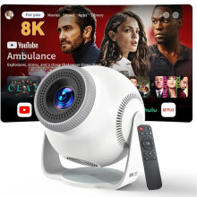 Kannettava miniprojektori 8K 1080P 4K WiFi 6:lla ja Bluetooth 5.4:llä, 270 asteen kierto, HDMI, TV-tikku, USB, valkoinen