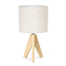 Beige Wood and Linen Table Lamp with LED E27 Bulb Included, Vintage Tripod Design