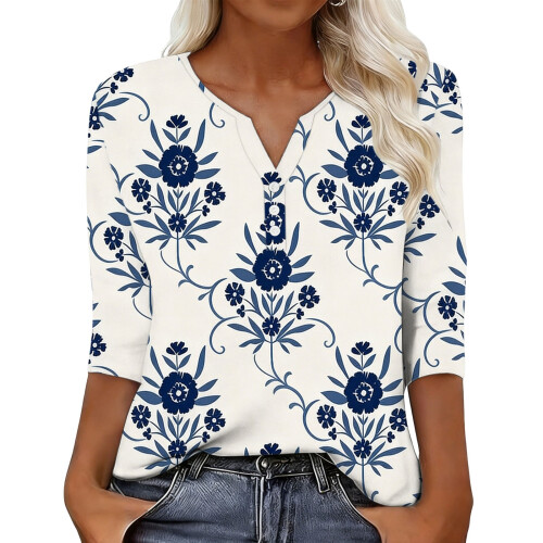 Women's sleeve V-neck T-shirts for Spring  comfortable,-Blue M
