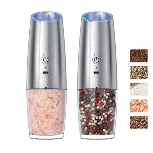 Electric Salt and Pepper Grinder Set 2 Pack 150ml Gravity Sensor Ceramic Burr with LED Light Adjustable Coarseness