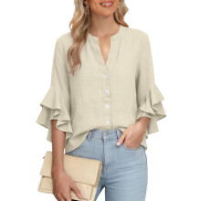 Women's cotton and linen shirt, loose V-neck,-Beige S