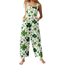 Women's St. Patrick's Day Shamrock Print Jumpsuit-Green XXL
