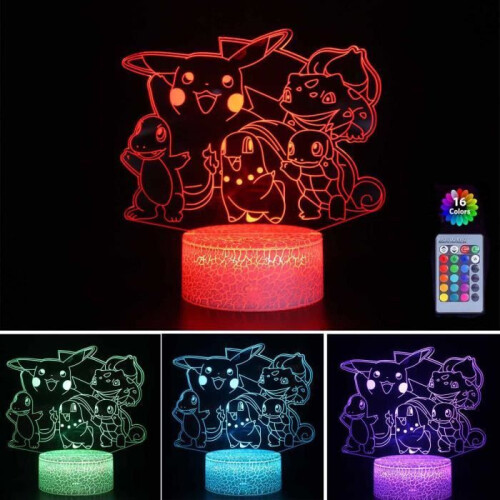 3D Pikachu Night Light LED Bedside Lamp with Remote Control, 16 Color Changing, USB Powered