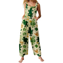 Women's St. Patrick's Day Shamrock Print Jumpsuit Loose-Khaki S