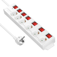 Surge Protected Power Strip 16A with 6 Outlets, 7 Switches, 2M Cable, White, 3680W Max