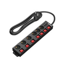 6 Outlet Power Strip 16A 3680W with 2M Cable, Black, 7 Individual Switches, Heavy Duty Extension Board