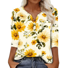 Women' sleeve V-neck T-shirts for Spring ,-Yellow XXL