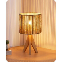 Lampada da tavolo vintage con paralume in corda intrecciata, treppiede in legno massello, lampada da comodino con lampadina LED E27 inclusa.