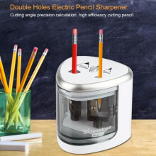 Temperamatite elettrico, grigio, a doppio foro, automatico, a batteria, per bambini e studenti.