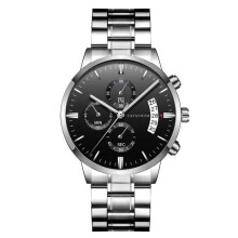Orologio da uomo al quarzo, impermeabile, bracciale in acciaio inossidabile, quadrante nero, cinturino color argento, lancette color argento