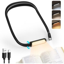 Luminária de leitura recarregável para o pescoço, com 3 cores de LED e braços dobráveis, multifuncional para leitura na cama, preta.