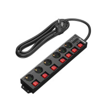 Régua de tomadas com 6 entradas, 2 portas USB, 3680W 16A, cabo de 3m, preta, interruptores individuais.