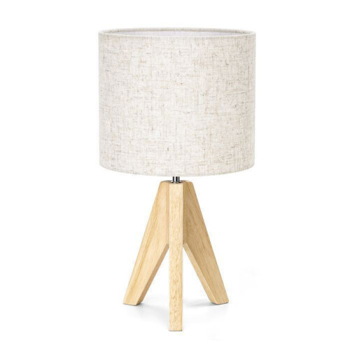 Abajur de mesa em madeira bege e linho com lâmpada LED E27 incluída, design vintage com tripé.