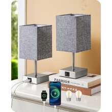 Conjunto de 2 luminárias de mesa sensíveis ao toque com portas USB-A e USB-C, lâmpadas LED E27 reguláveis incluídas, cúpula cinza.