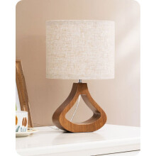 Abajur de mesa moderno com cúpula de linho, base de madeira maciça, lâmpada LED E27 2700K inclusa para iluminação aconchegante.