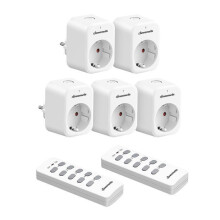 Balenie 5 diaľkovo ovládaných zásuviek s 2 diaľkovými ovládačmi, 10 A 2300 W, dosah 30 m, zástrčka EU typu E/F, biela