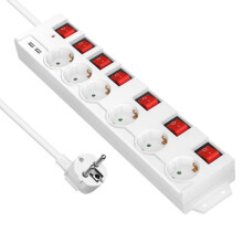 6-cestný napájací kábel 3680W 16A s 2 USB portami, samostatnými vypínačmi, 2 m kábel, biely