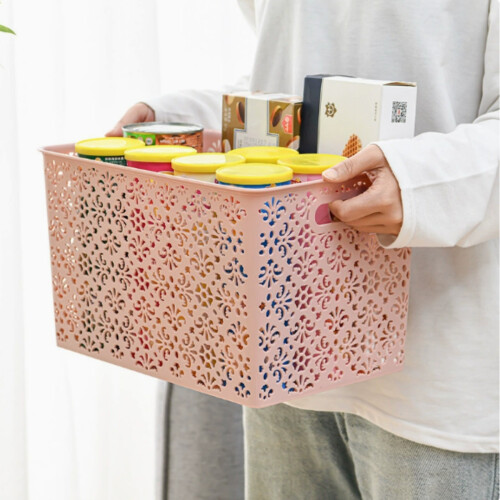 Plastic storage box with lid and creative hollowed-out pattern tabletop storage basket