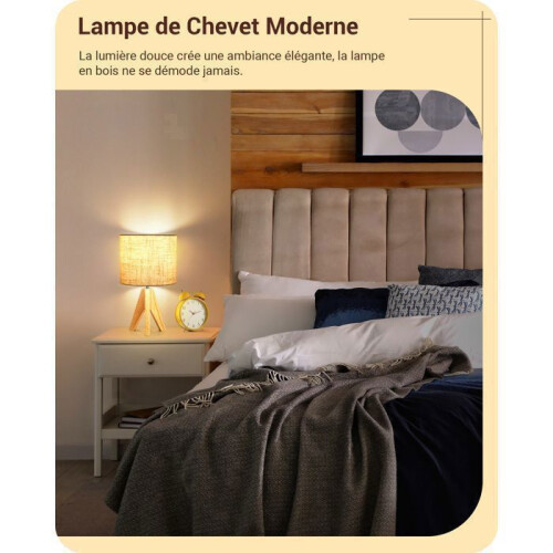 Abajur de mesa em madeira bege e linho com lâmpada LED E27 incluída, design vintage com tripé. 2