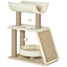 PawHut Cozy Chic Design Katzenbaum mit vielen Funktionen: Aktivitätszentrum, Kratzstämme, Spielball, Hängematte aus Holz und kurzem Sisalplüsch