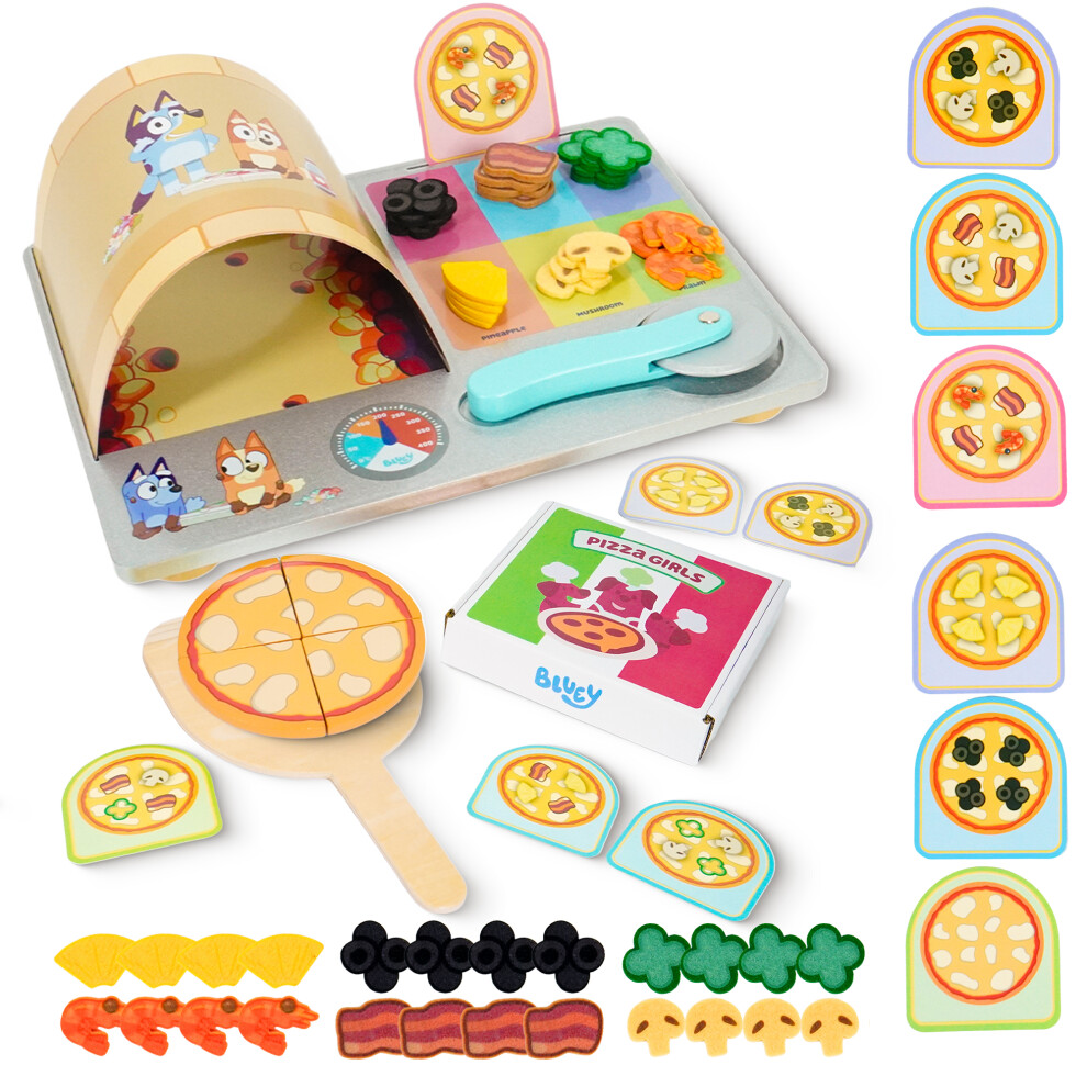 Bluey Pizza Girls Set, 35-Piece Pretend Play Food Set, Wooden Playset