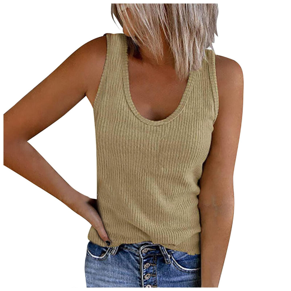 Spring/Summer Women's Vest U-Neck Sleeveless Ribbed-Khaki M