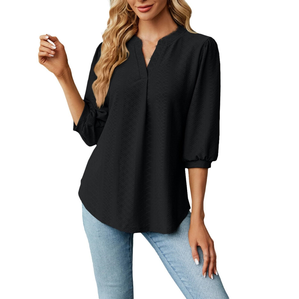 Black Women's Three-Quarter Sleeve Hollow-Out Top, Elegant- Xxl
