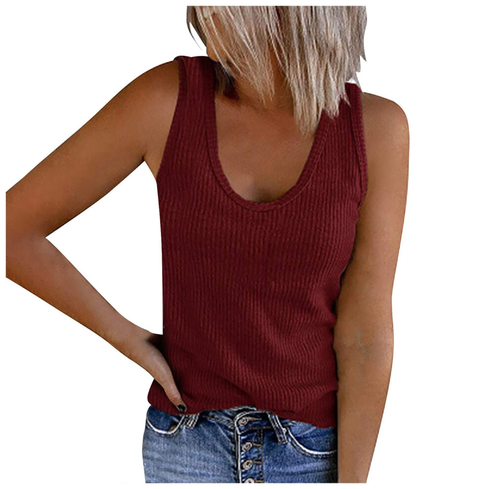 Spring/Summer Women's Vest U-Neck Sleeveless Ribbed-Claret XL