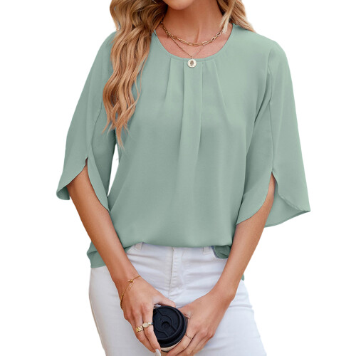 Solid color round neck five-quarter sleeve short-bean green M