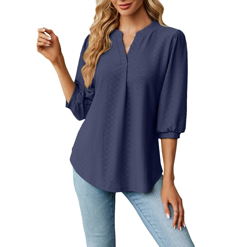 Blue Women's Three-Quarter Sleeve Hollow-Out Top,-Navy Xxl