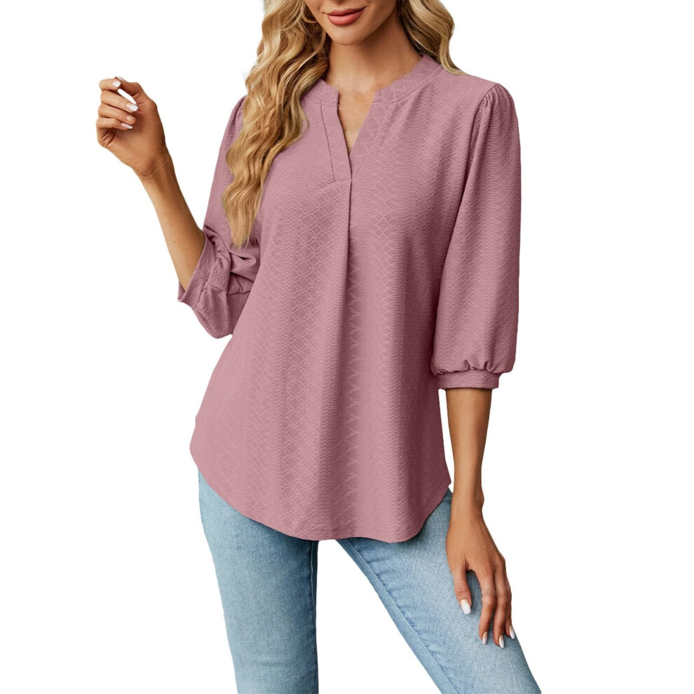 Pink Women's Three-Quarter Sleeve Hollow-Out Top, Elegant- Xxl