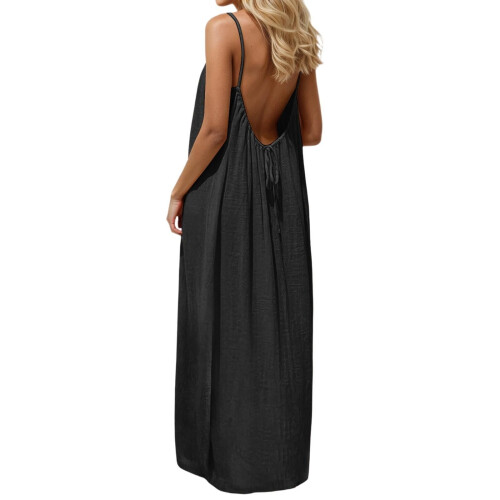 Women's Spaghetti Strap Backless Loose-fitting Resort-Black XXL