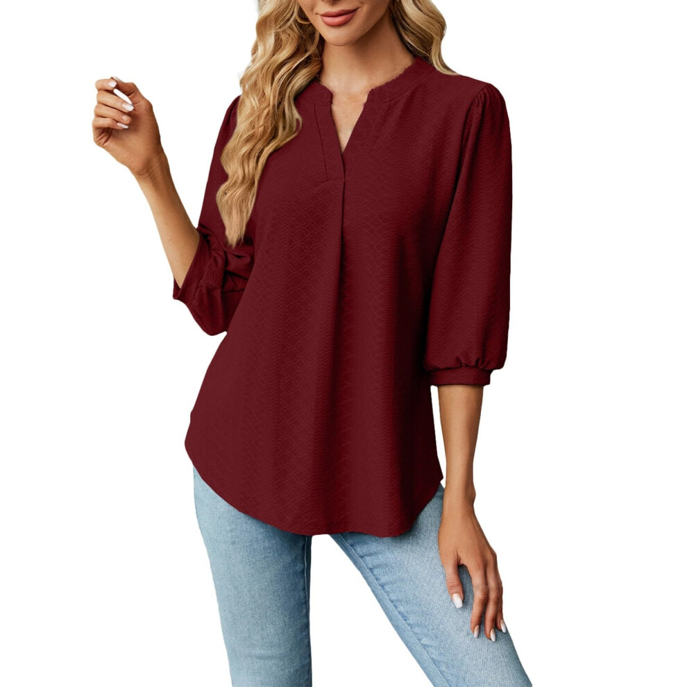 Burgundy Women's Three-Quarter Sleeve Hollow-Out Top,- Xxl