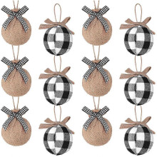 Adornos para árbol de Navidad, 12 piezas de 2-1/2 pulgadas, cuadros blancos y negros, costuras de arpillera, decoración navideña