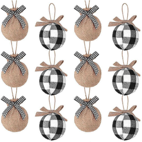 Enfeites de Natal para árvore, 12 peças, 6,35 cm (2-1/2 polegadas), xadrez branco e preto com costura, em juta.