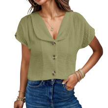 Womens 2025 Summer Linen Shirts Elegant Collared-olivecolor M