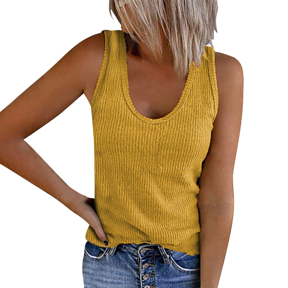 Yellow Spring/Summer Women's Vest U-Neck Sleeveless Ribbed- S